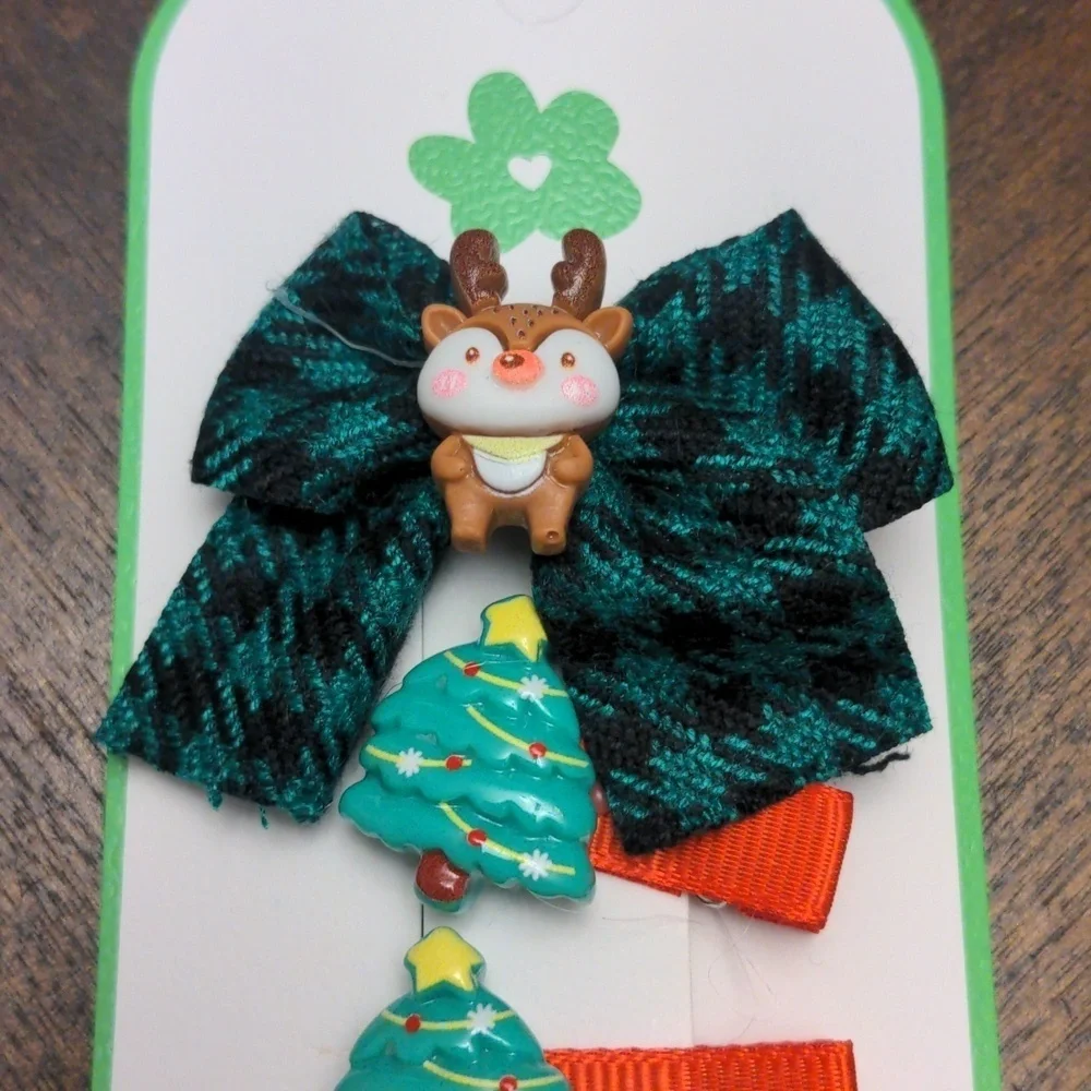 Hair Bow Set - Green and Red Reindeer and Christmas Trees 5 Clips